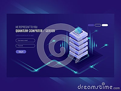 Blockchain server concept, quantum computer, server room, database, information storage and processing Vector Illustration