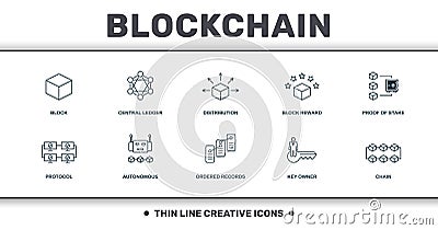 Blockchain set icons collection. Includes simple elements such as Block, Central Ledger, Distribution, Block Reward, Proof Of Stock Photo