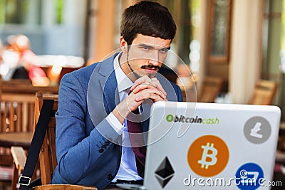 Blockchain technology. Bad news with bitcoin cryptocurrency. Editorial Stock Photo