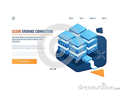 Blockchain technology concept, access for encryption data, server room, web hosting and database connection isometric Vector Illustration