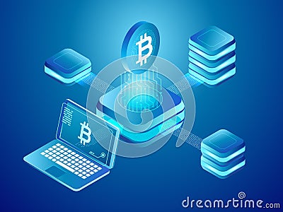 Blockchain technology. Cryptocurrency coins mining, secure distributed network of connected mine blocks isometric vector Vector Illustration