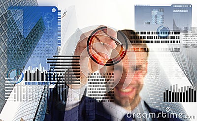 Blockchain technology. Future digital money. Investment crypto currency. Man interact virtual display business graphics Stock Photo