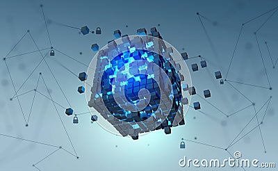 Blockchain technology. Information blocks form a decentralized global database structure Cartoon Illustration
