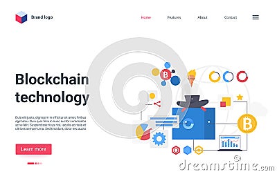 Blockchain technology isometric landing page design, cryptocurrency mining process Vector Illustration