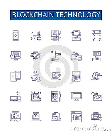 Blockchain technology line icons signs set. Design collection of Blockchain, Technology, Decentralized, Ledger Vector Illustration