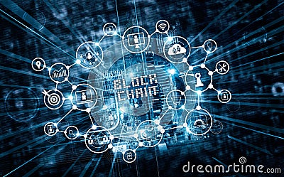 Blockchain technology and network concept. Block chain text and Stock Photo