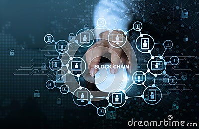 Blockchain technology network concept. Businessman click mouse computer with microcircuit icon cryptocurrency and block chain netw Stock Photo