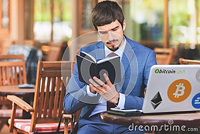 Blockchain technology. Trader. News with bitcoin cryptocurrency. Stock Photo