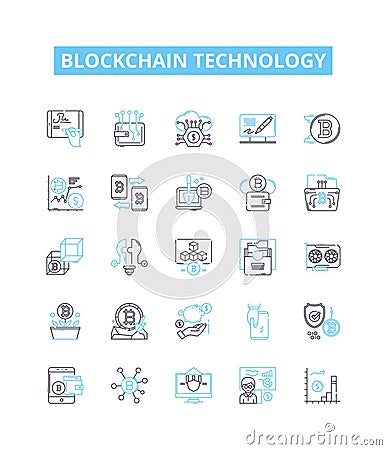 Blockchain technology vector line icons set. Blockchain, Technology, Cryptocurrency, Bitcoin, Decentralized, Ethereum Vector Illustration