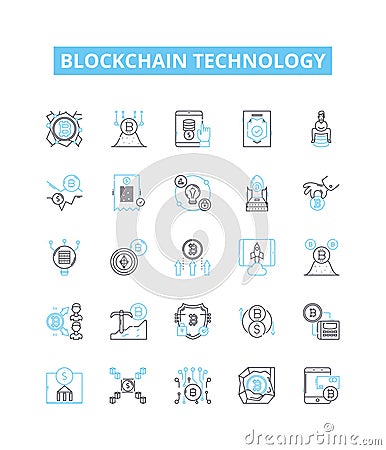 Blockchain technology vector line icons set. Blockchain, Technology, Cryptocurrency, Bitcoin, Decentralized, Ethereum Vector Illustration