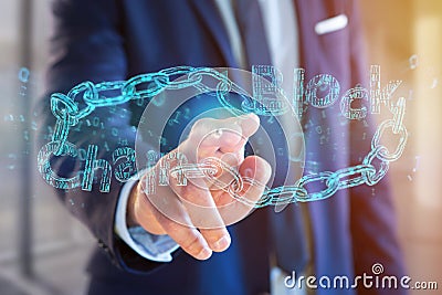 Blockchain title with a cahin made of data number - 3d render Stock Photo