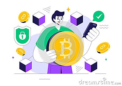 Blockchain Vector Illustration featuring a Tech Architect working at a Computer with Crypto Community Management, and Cube Blocks Vector Illustration