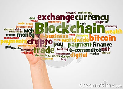 Blockchain word cloud and hand with marker concept Stock Photo