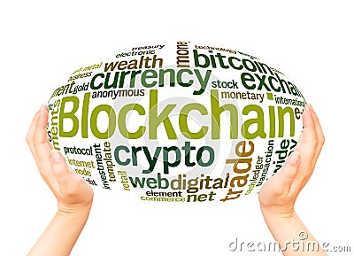 Blockchain word cloud hand sphere concept Stock Photo