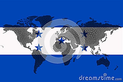 Blockchain world map on the background of the flag of Honduras and cracks. Honduras cryptocurrency concept Stock Photo