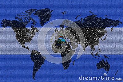 Blockchain world map on the background of the flag of Nicaragua and cracks. Nicaragua cryptocurrency concept Stock Photo