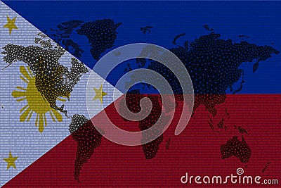 Blockchain world map on the background of the flag of Philippines and cracks. Philippines cryptocurrency concept Stock Photo