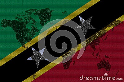 Blockchain world map on the background of the flag of Rwanda and cracks. Rwanda cryptocurrency concept Stock Photo