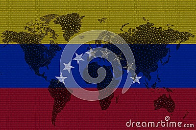 Blockchain world map on the background of the flag of Venezuela and cracks. Venezuela cryptocurrency concept Stock Photo