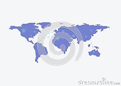 Blockchain worldwide with map on the background. Bitcoin trading concept. Vector Illustration