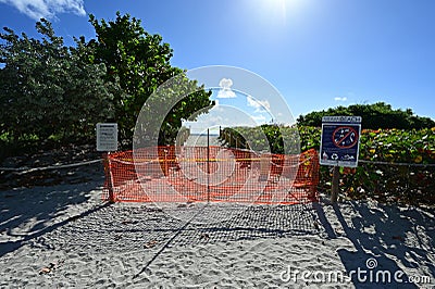 Blocked access to South Beach in Miami Beach, Florida during coronavirus pandemic beach closure. Stock Photo