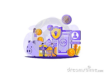 Blockhain scheme, mining crypto currency, server room, powered computers, data processing, money transaction. Vector Illustration
