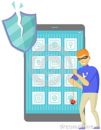 Hacker breaks into smartphone, cracks apps, hacking protection system. Cyber attacker trying to hack Vector Illustration