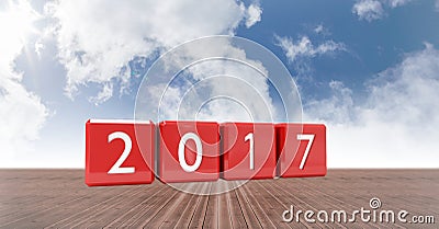 2017 in blocks against a composite image 3D of land and sky Stock Photo