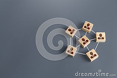 Blocks with businessmen connected by lines into a network team. Participation and assistance in a common project. Communication Stock Photo