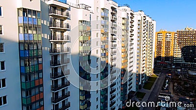 Blocks of newly built houses capable of accommodating thousands of residents, multi storey housing. Motion. Subdivision Stock Photo