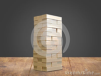 Blocks wood game jenga on wood floor black background. Stock Photo