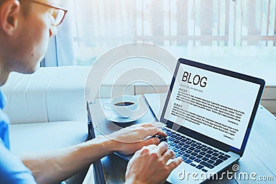 Blog, blogger writing new article on internet Stock Photo