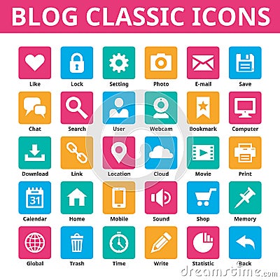 Blog classic icons. Vector icons set. Minimal icons in flat color. Social media vector icons set. Vector Illustration