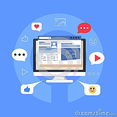 Blog content, Blogging, post, content strategy flat vector illustration isolated on blue background Vector Illustration