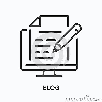 Blog content flat line icon. Vector outline illustration of computer with article and pencil. Copywriter thin linear Vector Illustration