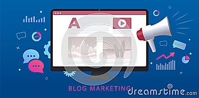 Blog Marketing, content for creative commercial blog posting. Copywriting, writing and publication interesting text, media Vector Illustration