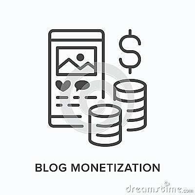 Blog monetization flat line icon. Vector outline illustration of smartphone screen with money. Social media marketing Vector Illustration