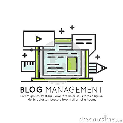 Blog Posts Creation Process. Music, video, images and data web sharing concept, content management Stock Photo