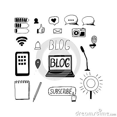 Blog set icon. hand drawn doodle style. vector, minimalism, monochrome, sketch. laptop, smartphone, notepad, microphone, camera, Stock Photo