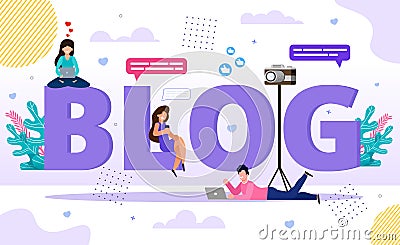 Blog Word Letters with Happy Tiny People Bloggers Vector Illustration