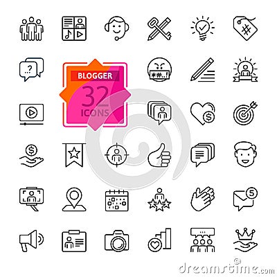 Blogger, blogging, blog - thin line web icon set. Contains such Icons as Premium Content, Followers, Personal Brand and more. Vector Illustration