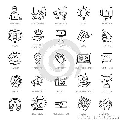 Blogger, blogging, blog - thin line web icon set Vector Illustration