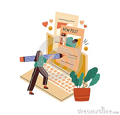 Blogger creating content for blog. Tiny woman copywriter writing new post for social media. Author at laptop Vector Illustration