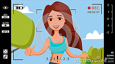 Blogger Girl Records Video Blog Vector. Vlog Concept. Woman Online Internet Streaming Video. Handsome Female Leading Vector Illustration