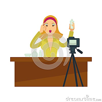 Blogger girl or vlogger woman vector character for makeup fashion blog or video vlog Vector Illustration