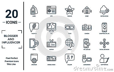 blogger.and.influencer linear icon set. includes thin line label, hashtag, vinyl, browser, copywriter, video, social network icons Vector Illustration