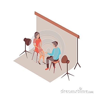 Blogger Interview Isometric Composition Cartoon Illustration