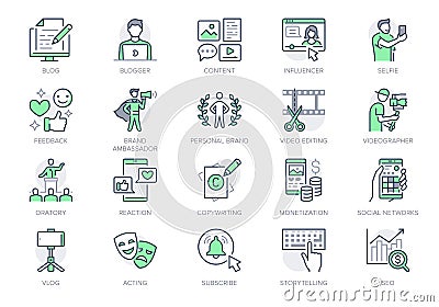 Blogger line icons. Vector illustration included icon as blog monetization, video editing, personal brand, copywriting Vector Illustration