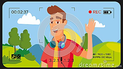 Blogger Man Records Video Blog Vector. Vlog Concept. Online Internet Streaming Video. Boy Leading Online Stream Channel Vector Illustration