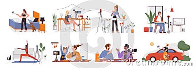 Blogger people make online video blog content or channel in social media everyday Vector Illustration